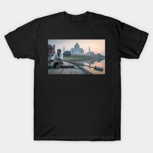 Man Rowing Boat on Yamuna River with Taj Mahal T-Shirt